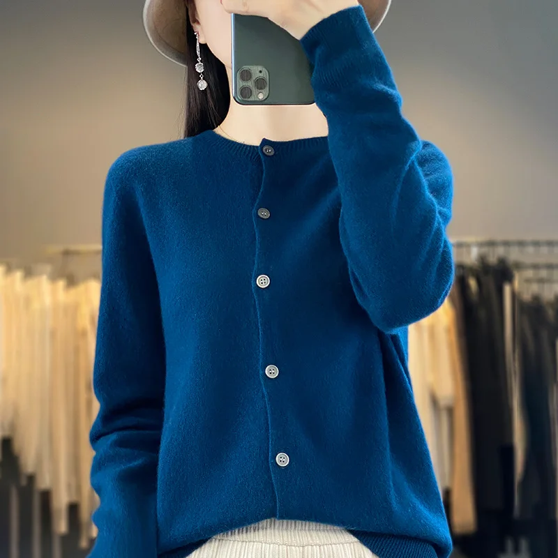 Spring, Autumn and Winter 100% Merino Wool Ladies Round Neck Sweater Cardigan Basic Long-sleeved Knit Cardigan Women\'s Short Top