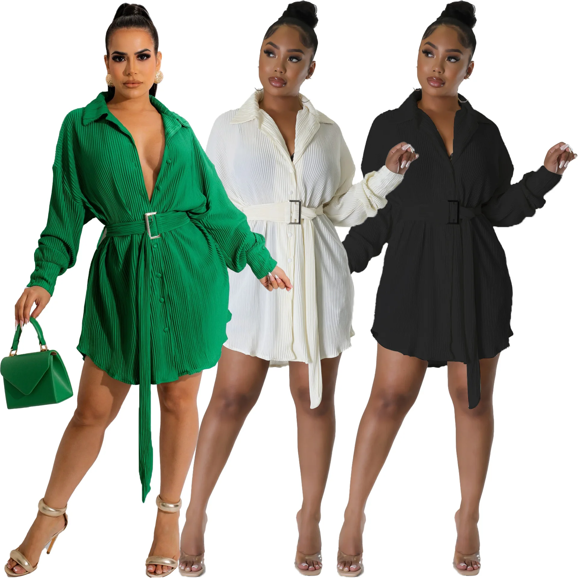 

Dress Women with Belt Fall Clothes Ribbing Long Sleeve Shirt Casual Fashion Streetwear Mini Dress Wholesale Dropshipping