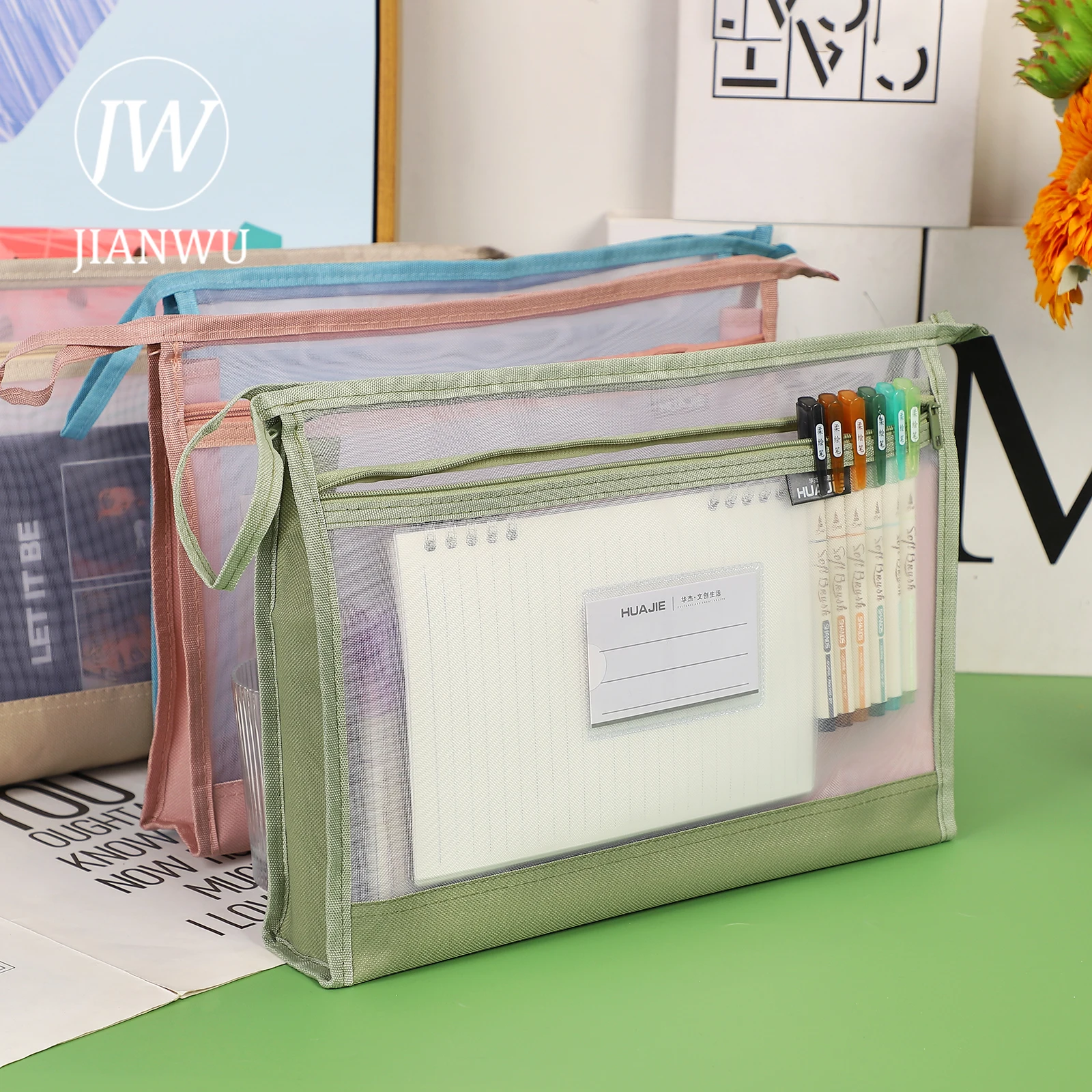 JIANWU Portable Transparent Document Bag Thickened Double Layer Nylon Mesh Storage Bag Creative DIY Student Supplies Stationery