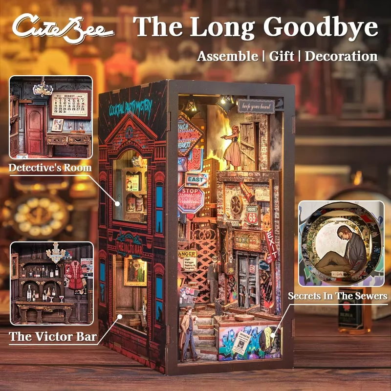 

CUTEBEE DIY Book Nook Kit Miniature Dollhouse with Light Dust Cover Detective Bookshelf Insert for Craft Gift The Long Goodbye