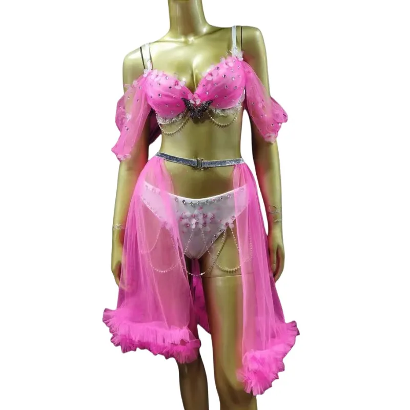 Bar Nightclub Sexy Performance Costume Pink Blue Rhinestones Bikini Mesh Skirt Dance Outfits Carnival Party Show Rave Stage Wear