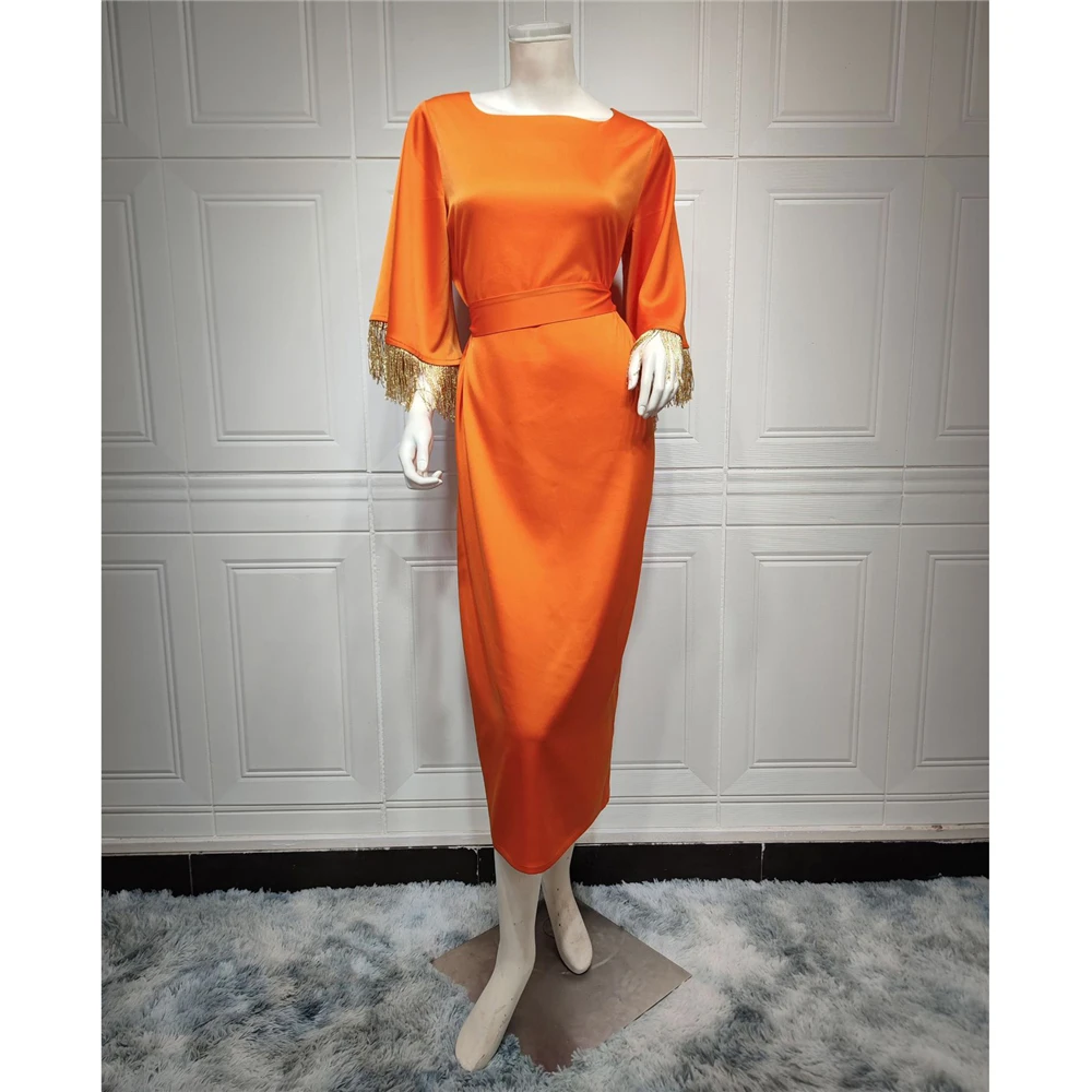 Vestido de cetim com borla, mangas sino, dubai, saudita, festa de noite, jalabiya, roupas islâmicas, vestido modesto, mulher muçulmana, abaya, ramadan eid