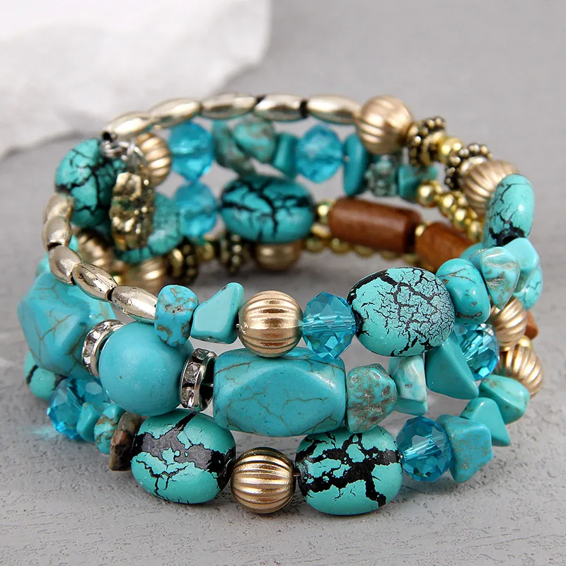 Fashion Bohemia Style Ethnic Turquoise Color Multilayer Bangles For Women BIjoux Vintage Handmade Beaded Bracelet Jewelry Gift