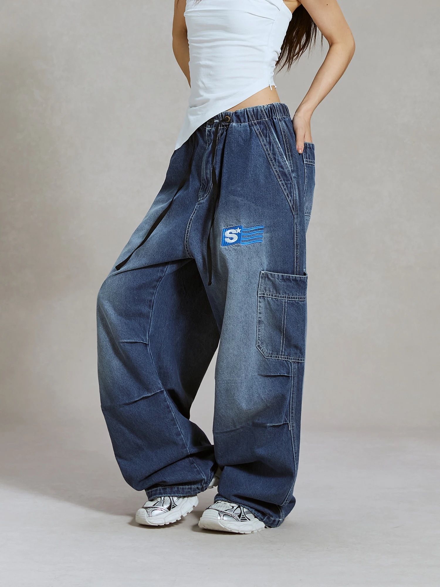 

Американские джинсы-клеш для джазовых танцев с высокой талией из денима, модный бренд Sea Side Star Street Fashion, на лето, весну, осень, зиму