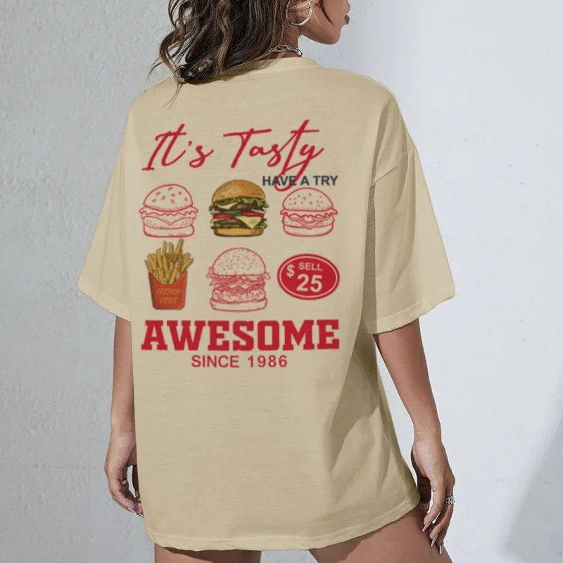 Burgers Chips Back Print Retro Streetwear T-Shirts Women Cute Funny Foodie Shirt Oversized Harajuku Tops Unisex Summer Clothes