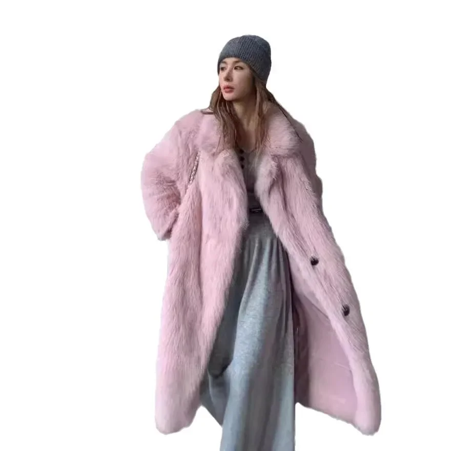 معطف شتوي للنساء من KIDCRKJ معطف فرو صديق للبيئة وردي مزدوج الصدر سترة نسائية سميكة من فرو المنك طويلة فوق الركبة معطف فرو صناعي للسيدات #5