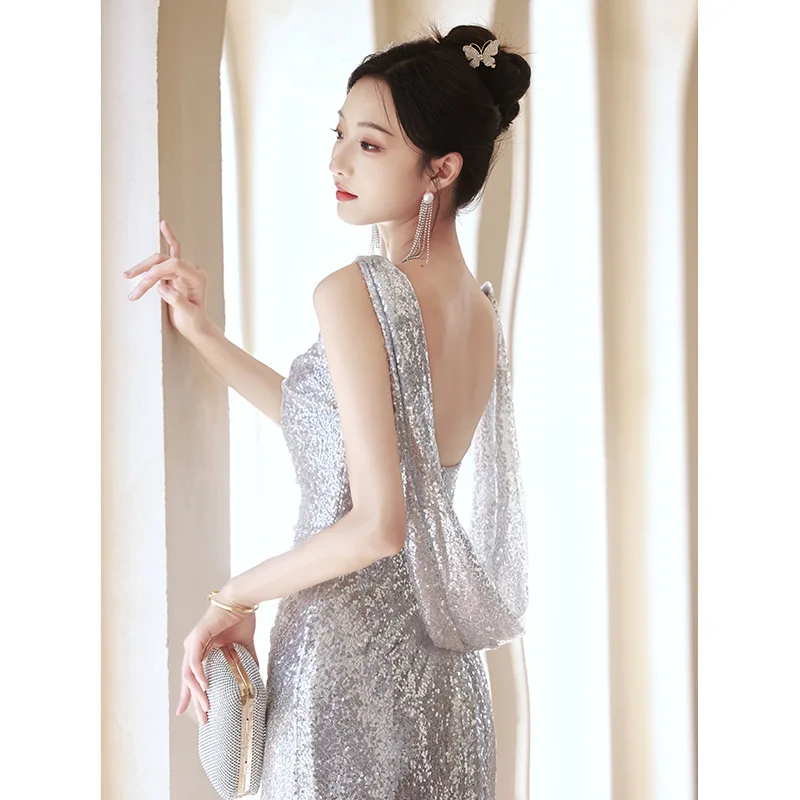 Silver Sequin Evening Dress Women Spaghetti Strap Backless Prom Gown Elegant Modern Sleeveless Fishtail Cocktail Dresses