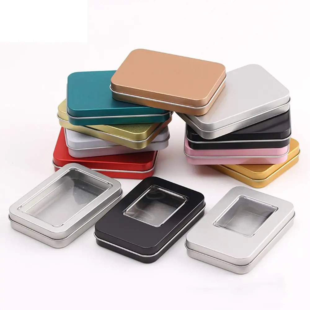 

Multicolor Tinplate Storage Box with Clear Window Top Metal Tin Can Boxes Fillable Case for Outdoor Traveling Portable Organizer
