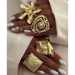 4pcs Chunky Vintage Geometric Wave Textured Faux Pearl Ring Set Fashion Metal Jewelry For Women Holiday Party Date Gift Casual