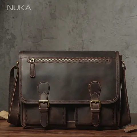NUKA 남성용 소가죽 메신저 백, 하이 퀄리티 진짜 가죽 숄더백, 럭셔리 크로스바디, 빈티지 비즈니스 서류 가방, 정품
