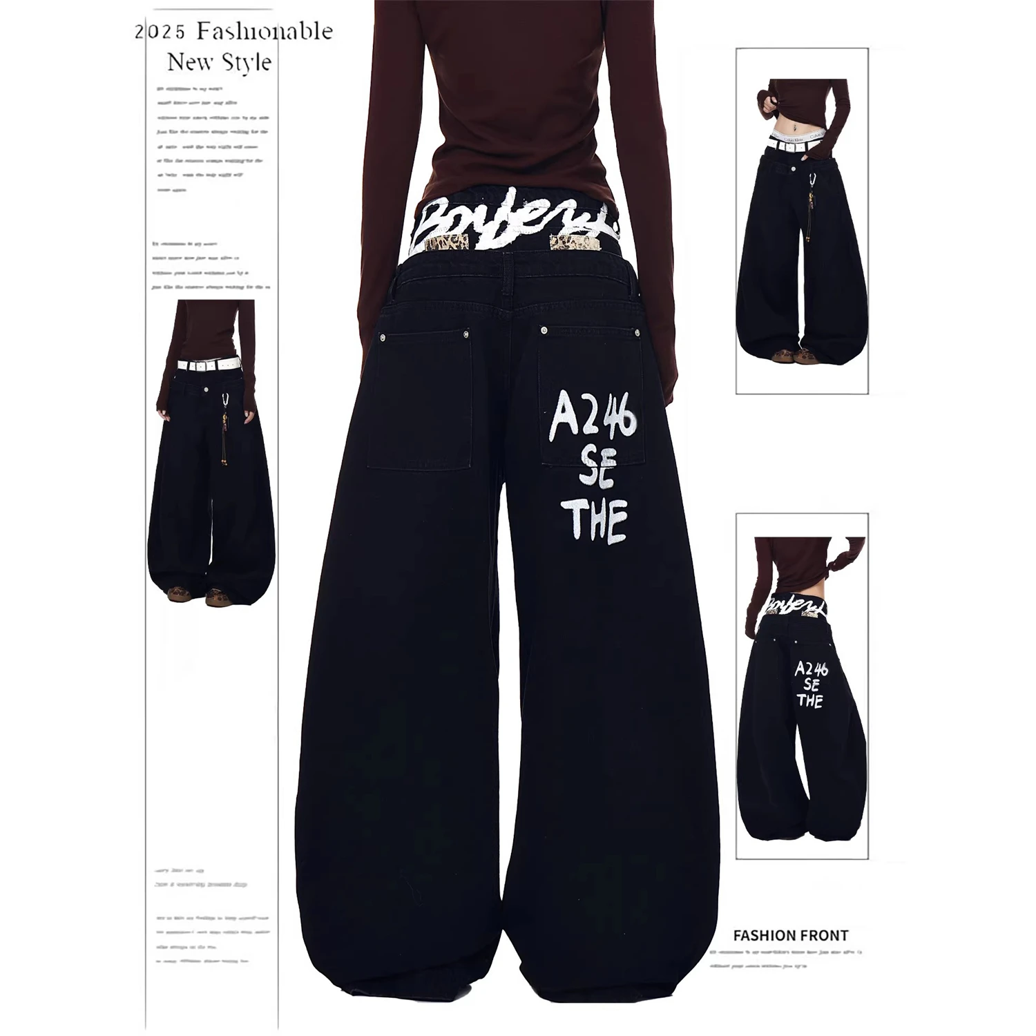 

Women's Black Oversized Wide Leg Jeans Double Waistband Graffiti Print Reverse Waist Detail Baggy Y2K Streetwear Ladies Pants