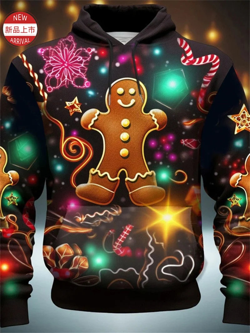 3d Printed Fashion Merry Christmas Hoodies Christmas Gingerbread Color Lights Graphic Hooded Sweatshirts Mens Clothing Pullover