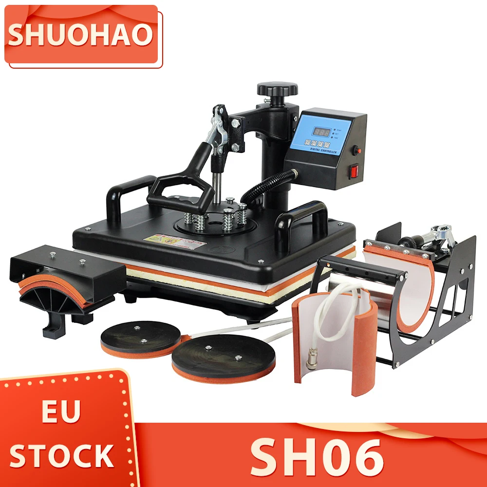 SHUOHAO SH06 6 in 1 Heat Press Machine, 11.4*15in, for Cap/Bag/Mouse Pad/Phone Case/Pillows/Mug/Plate/Coaster/T-shirts