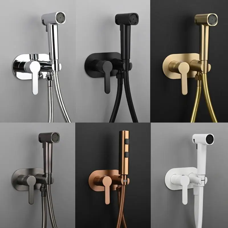 

Brushed Rose Gold Concealed Bidet Sprayer Brass Handle Valve Hot Cold Mixer 2 Functions Water Flow PVC Hose Brushed Gold Grey