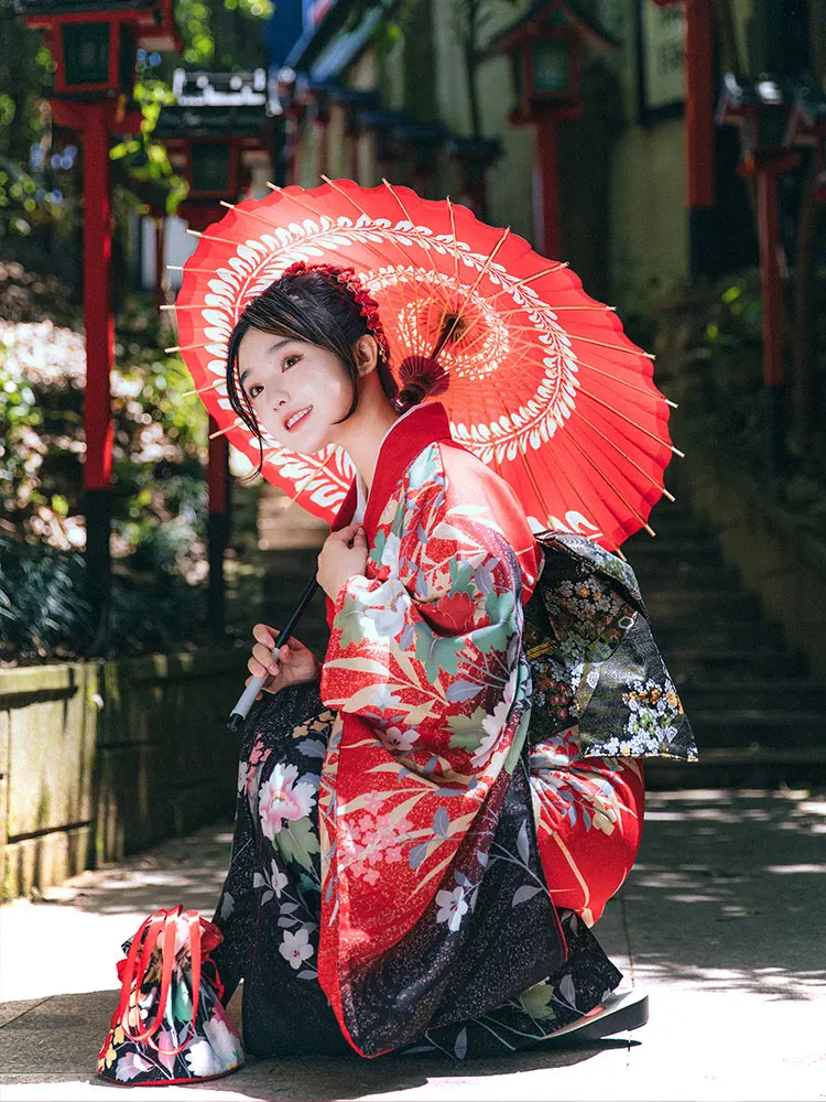 

Women's Red Floral Print Kimono Yukata Long Sleeve Retro Dress Cosplay Costume Photography Wear Traditional Japanese Long Dress