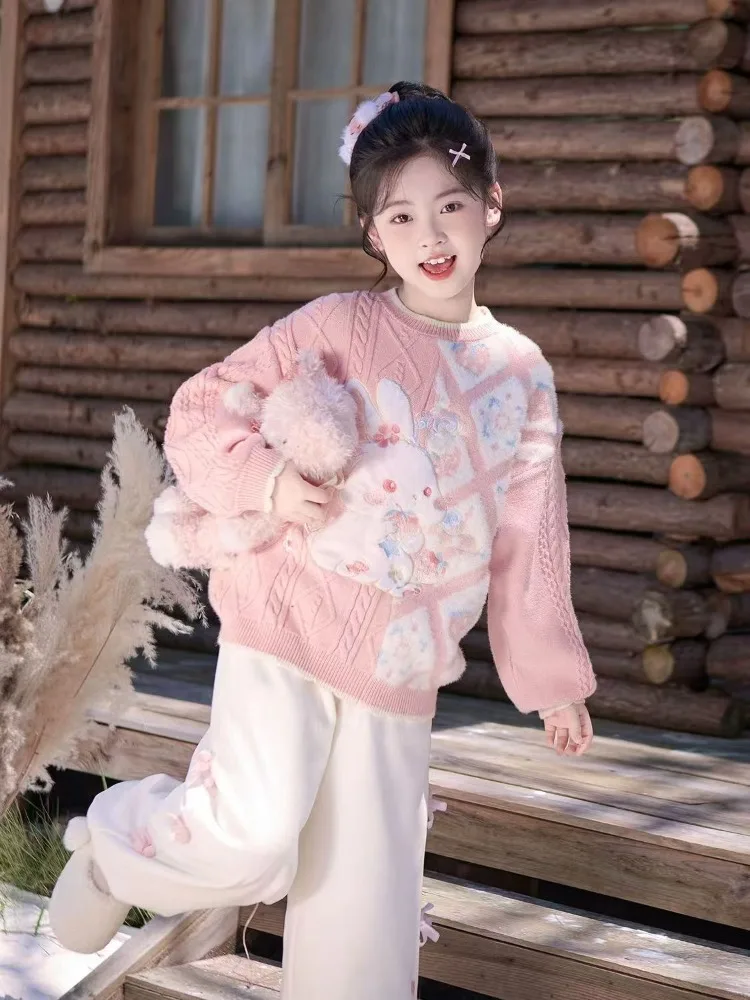 سترة أطفال جديدة للخريف والشتاء، سترة صوفية كرتونية سميكة ودافئة للفتيات، بلوزة سفلية على شكل أرنب لطيف للأطفال