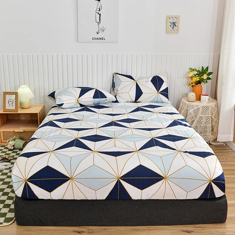 Bonenjoy 1pc Fitted Sheet Plaid Style Bed Cover Elastic Bed Sheets for Home Single/Double/Queen Size Bed Linen (No Pillowcase)