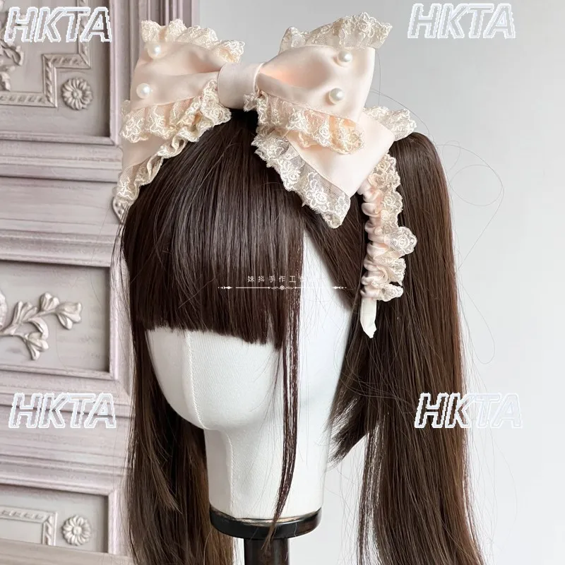 Sweet lace stitching Lolita handmade lace headband bow kc headgear women kawaii pearl gorgeous cosplay hair accessories female