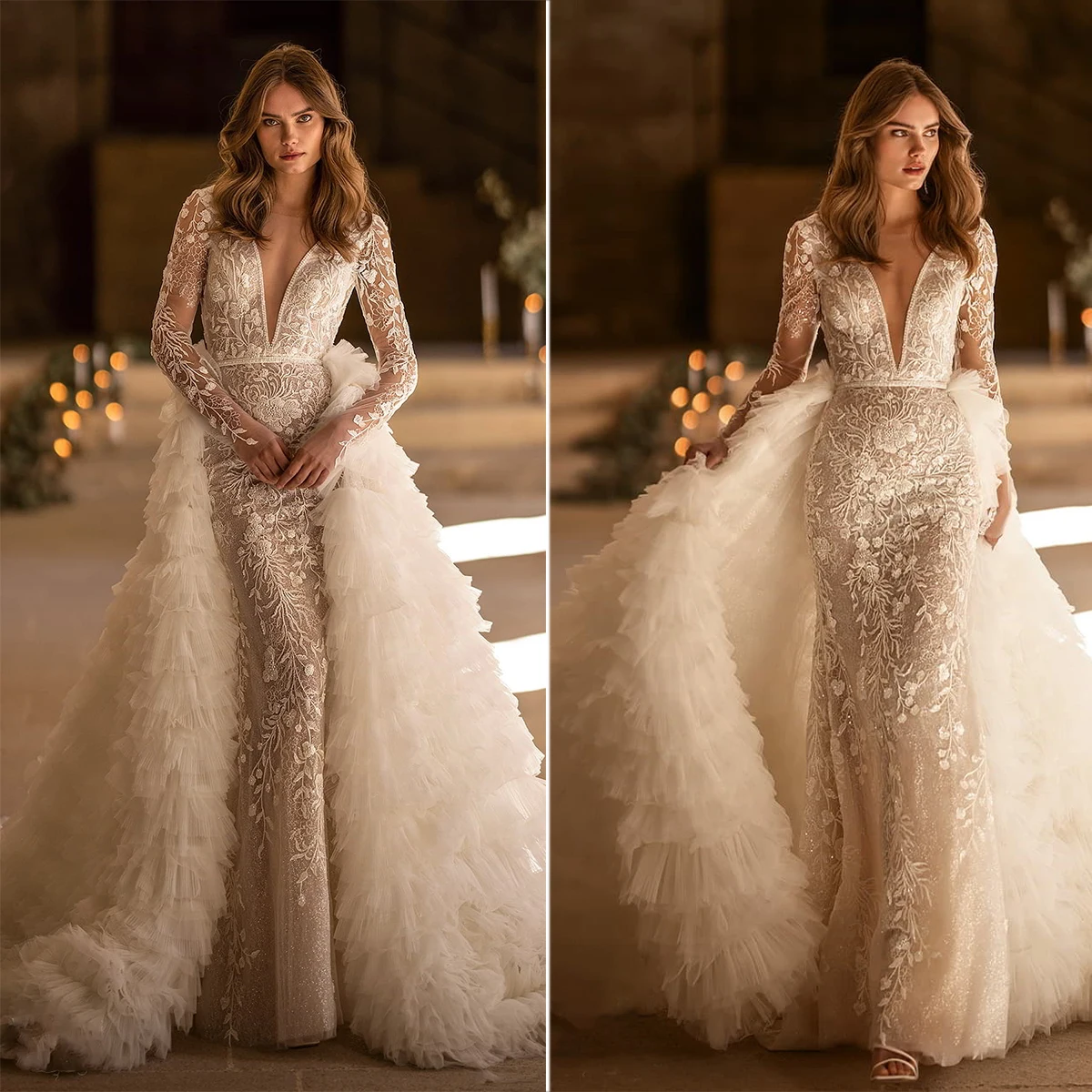 Luxury Mermaid Wedding Dresses V Neck Long Sleeves Detachable Train Bridal Gowns Custom Made Appliques Lace Robe De Mariee