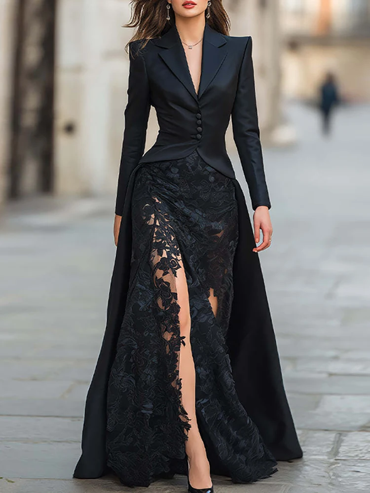 

Lace Patchwork Slim Fit Party Suit Elegant Solid Formal Occasion Outfit Autumn Women's Lapel Button Top and Skirt Two Piece Set