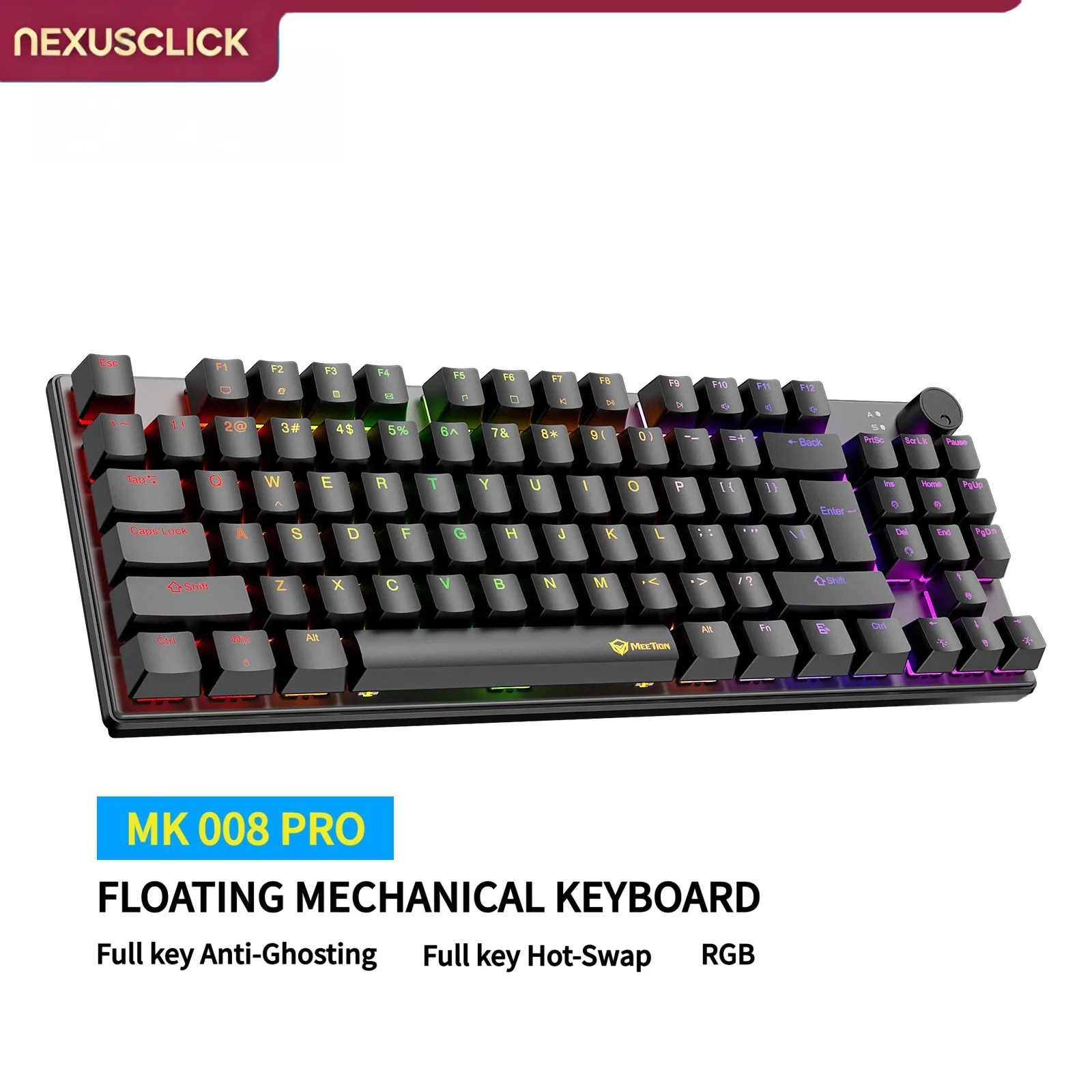NexusClick 88 Key Hot Swappable Mechanical Keyboard,RGB Backlit Volume Knob Anti-Ghosting Ergonomic Wired Office Gaming Keyboard