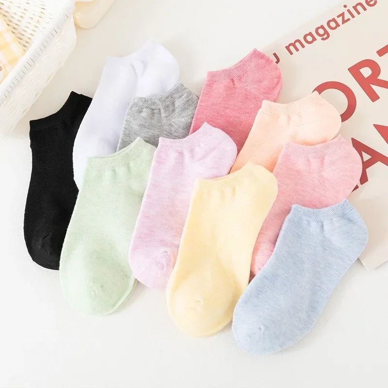 10 Pairs of Colored WOMEN'S Short Socks, Ankle Breathable Mesh Sports Socks, Summer Casual Solid Color Boat Socks