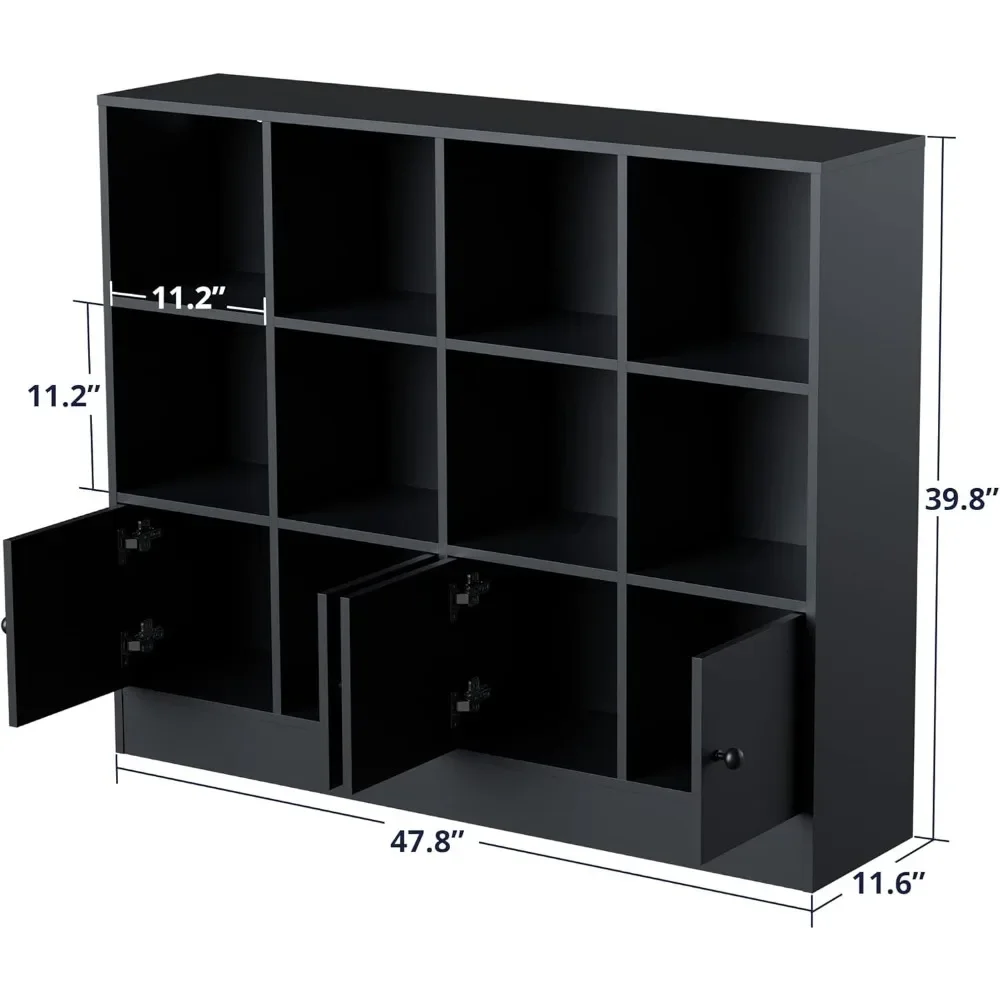 Black Wood Bookcase, 12 Cube Storage Organizer Shelf with 4 Doors, 3 Tier Storage Cabinet with Anti-Tilt Device for Bedroom