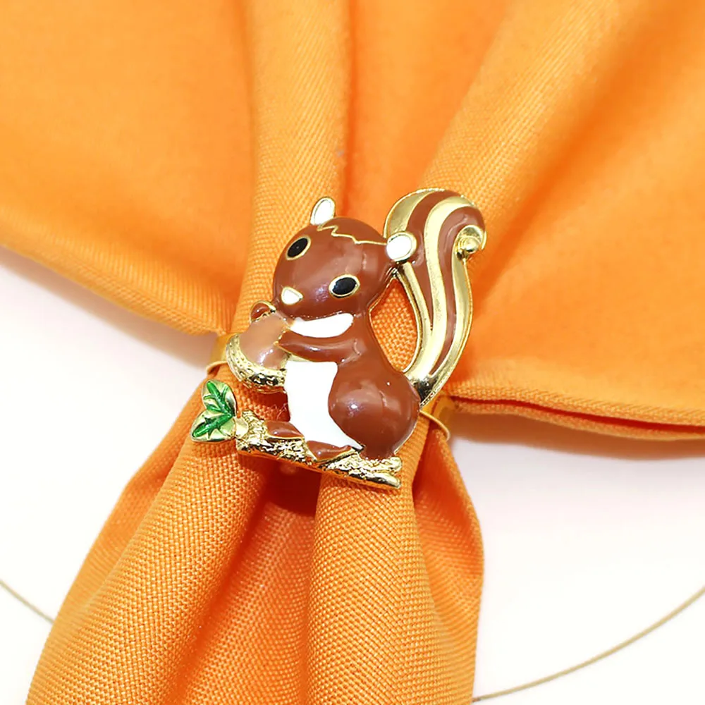 6Pcs Thanksgiving Napkin Rings - Squirrel, Pumpkin & Wheat Ear Enamel Decor for Autumn Table