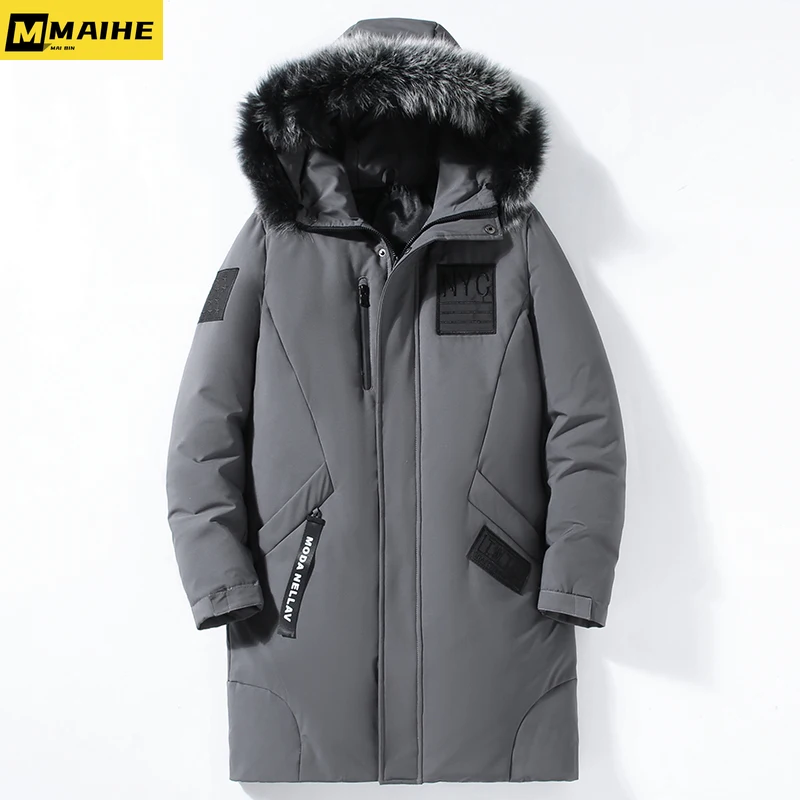 Light Luxury Winter Men's Down Jacket Long Youth White Duck Down Warm Casual Coat Men's Outdoor Snow Cold-proof Fur Collar Parka