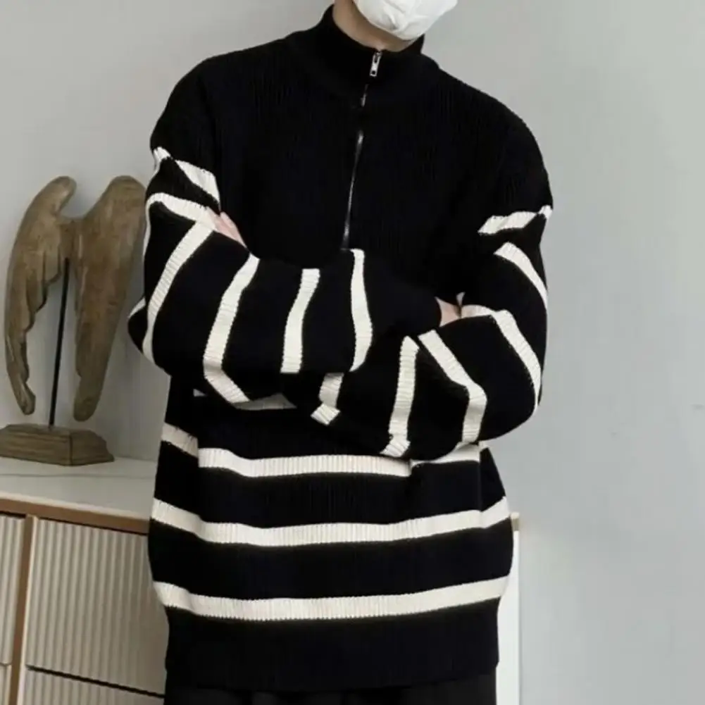 Black White Sweater Men\'s Striped Zipper Stand Collar Sweater Thick Knitted Warm Pullover for Fall Winter Soft Elastic Long