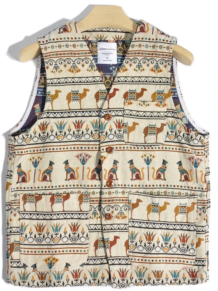 

Large Size Tapestry Floral Casual V-Ne Men's Vest Retro Ethnic Sle Japanese Theme Loose Fit Youth ular All Seasons