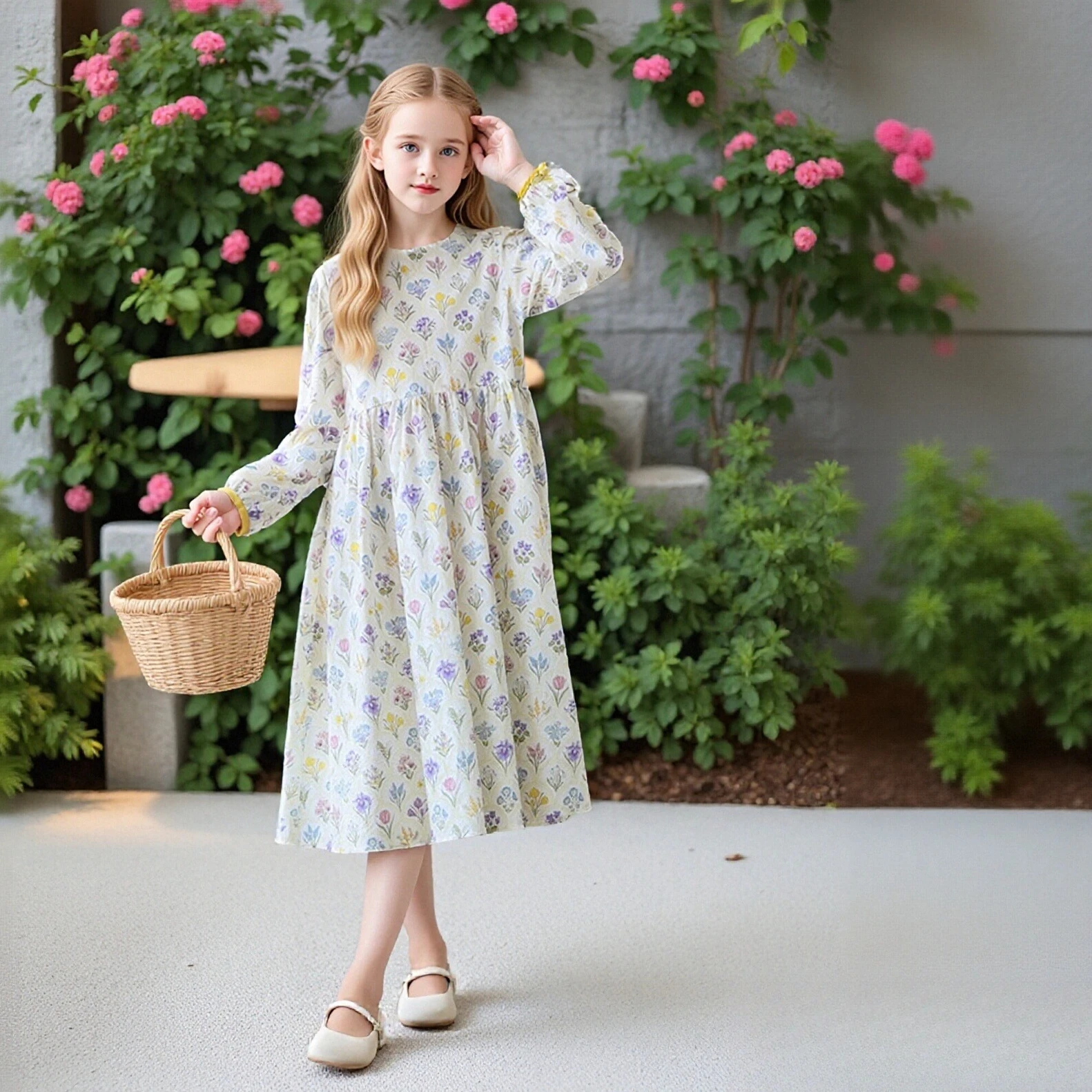 

Teenage Girls Cottagecore Floral Dress Long Sleeve Tie Cuff A-Line Dress Back Bow for Big Kids Daily Vacation Outfit Casual Wear