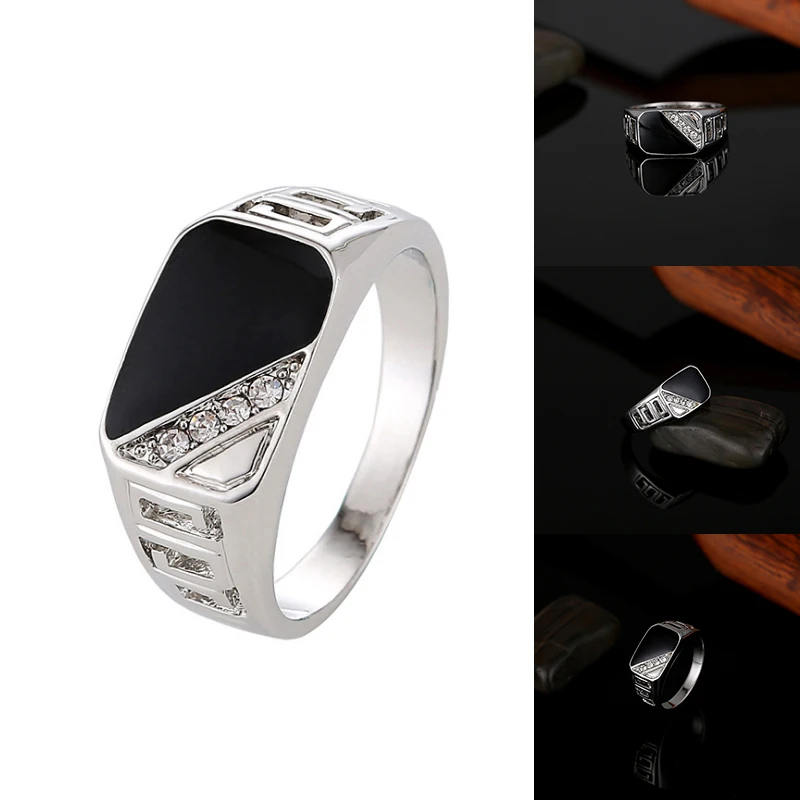 Rings Classic Size 7-12 Good Quality Men Rhineston Jewelry Gold/Silver-Color Black Enamel Male Finger Titanium Stainless Ring