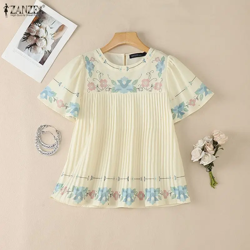 

Summer Bohemain Printed Blouse ZANZEA 2026 Women O Neck Short Sleeve Holiday Tops Elegant Work Shirt Casual Chemise Mujer Femme