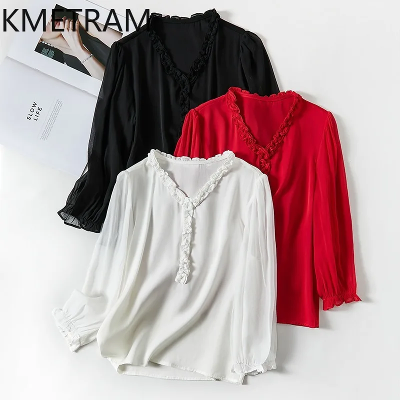 

KMETRAM 92% Real Mulberry Silk Shirt Women OL Style V-Neck Ruffle Blouse Elegant Casual Tops Spring Woman Clothes 2026 рубашка