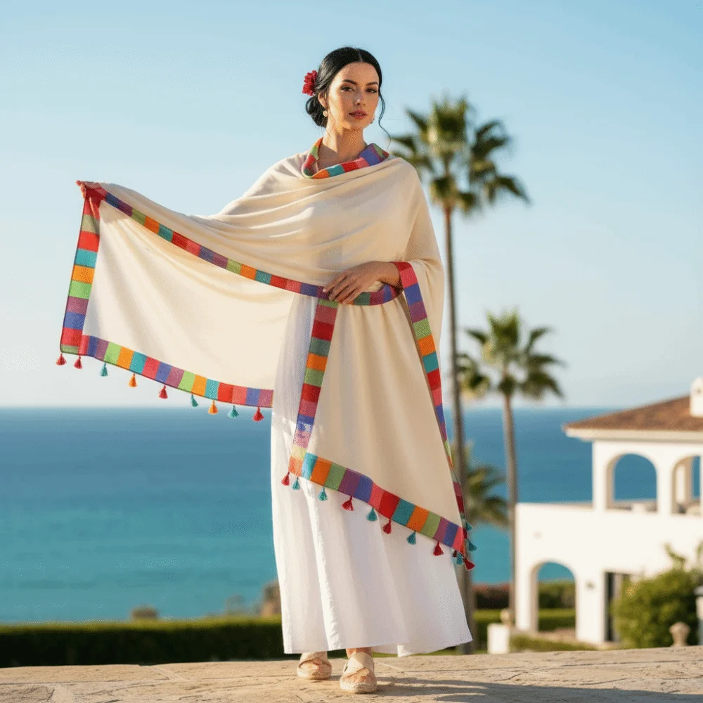 cachecol-de-linho-com-borda-arco-Iris-estilo-boho-leve-colorido-com-franjas-para-praia-e-viagem