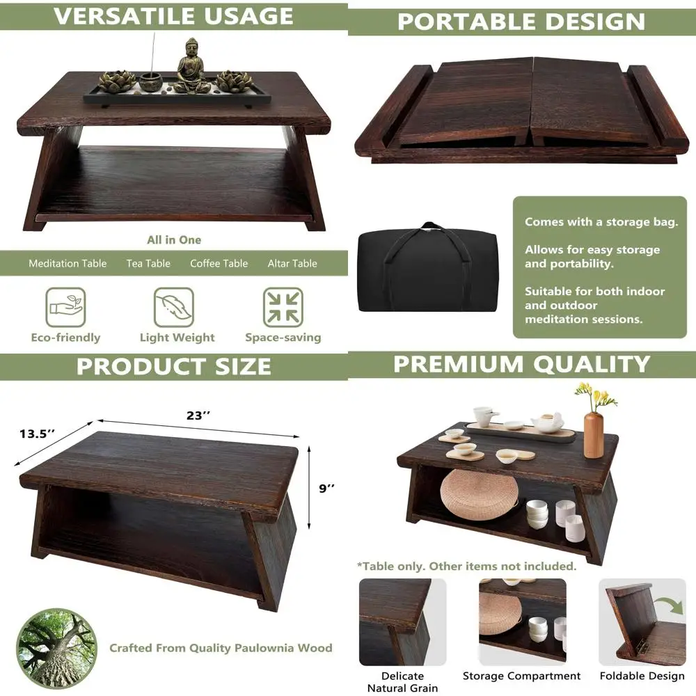 

Folding Low Japanese Coffee Table, 23x13.5 Paulownia Wood, Storage Tatami Meditation Altar Table