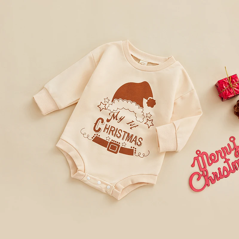 Infants Baby Boys Girls Christmas Romper Long Sleeve Crew Neck Letters Print Sweatshirts Bodysuit Jumpsuits Xmas Outfits