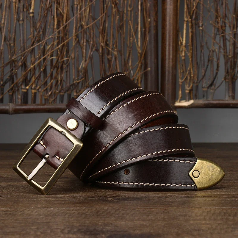 

3.3CM Pure Cowhide High Quality Genuine Leather Belts for Men Women Strap Male Brass Buckle Jeans Cowboy Thickened Both Sides