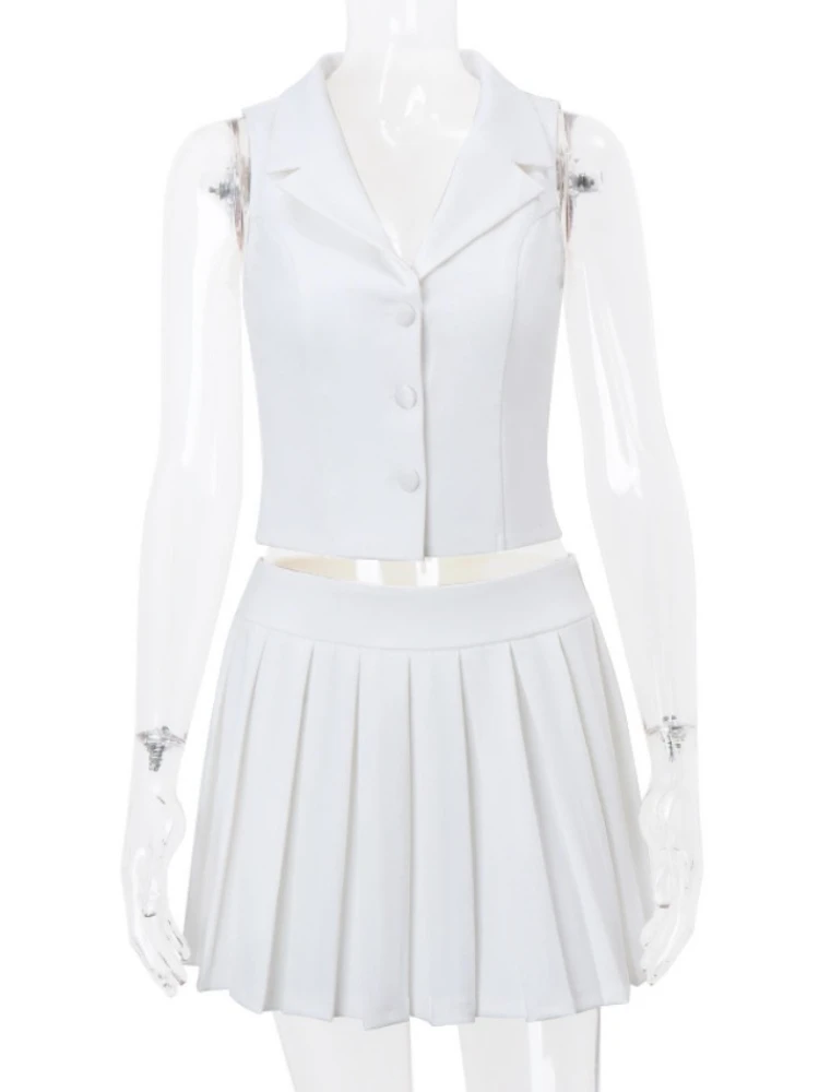 Elegant Single-breasted Vest Skirt Suit 2024 Summer White Button Deep V-neck Sleeveless Top Mini Pleated Skirt Female Suit