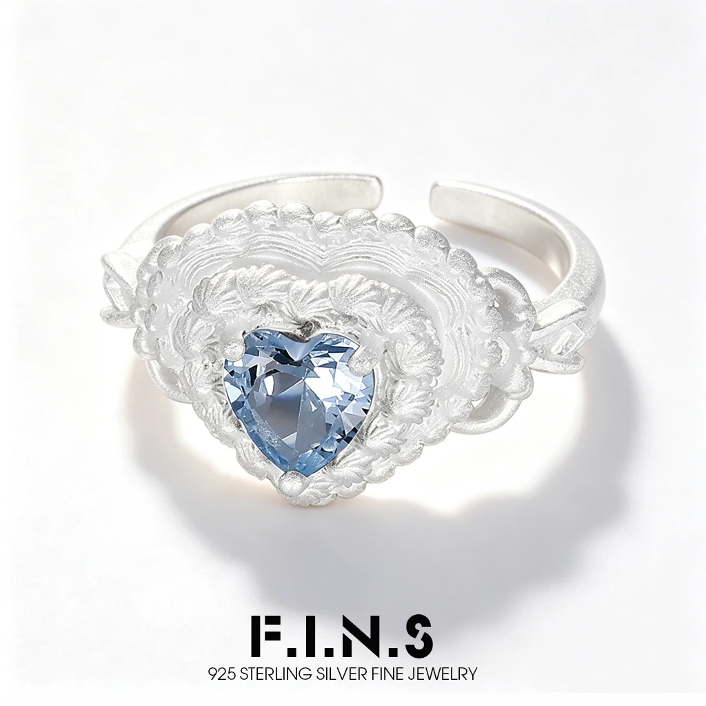 

F.I.N.S Original Sterling Silver Ring Carved Cream Cake Design Luxury Blue Purple Red Zircon Heart Finger Jewelry For Women