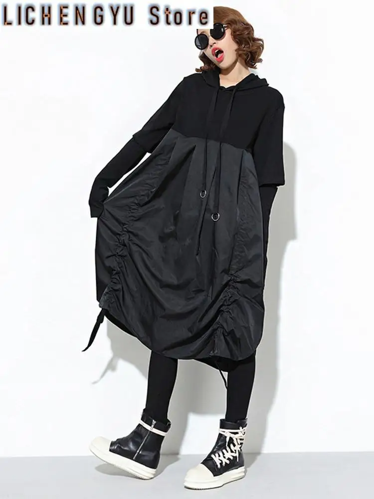 

Women Black Drawstring Hollow Out Big Size Irregular Dress New Hooded Long Sleeve Fashion Tide Spring Autumn