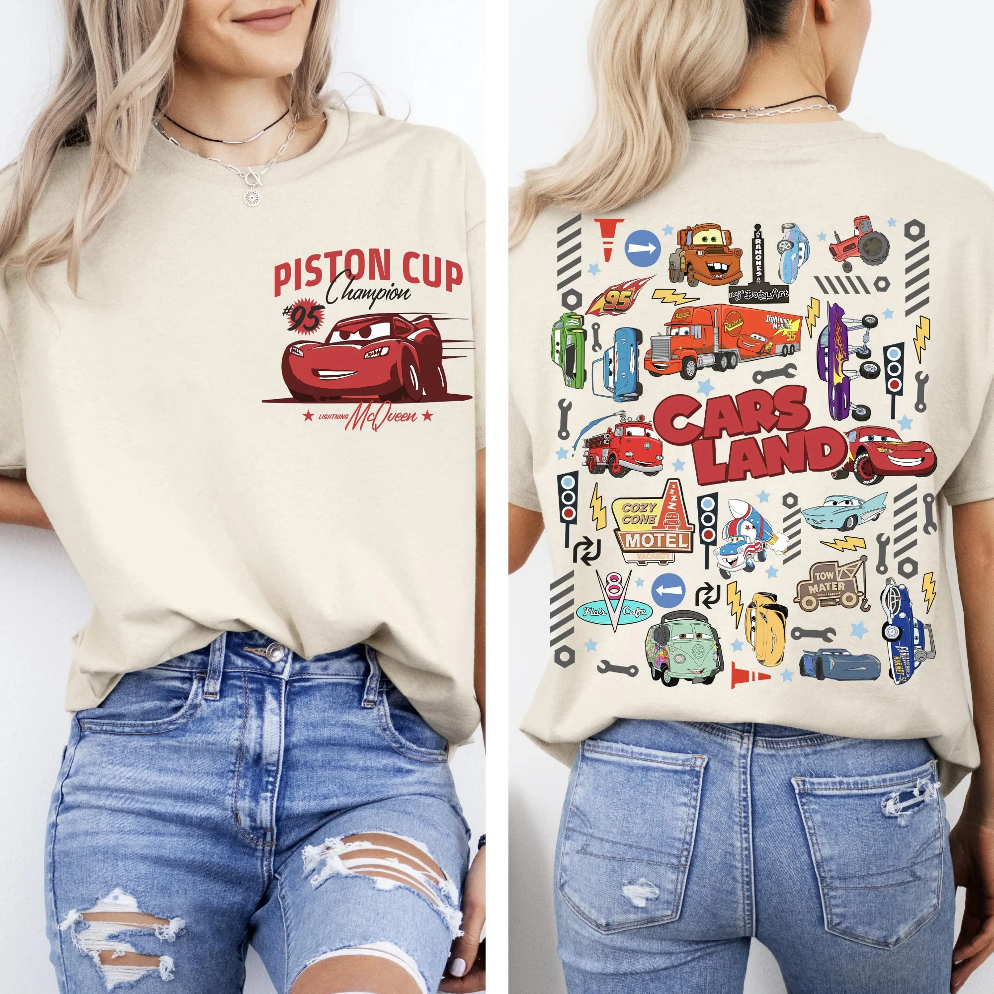 

Двусторонняя футболка McQueen в стиле ретро, футболка Disney/Pixar, футболка с чашкой поршня, футболка с тематическим парком «Машин» Hot Springs Town