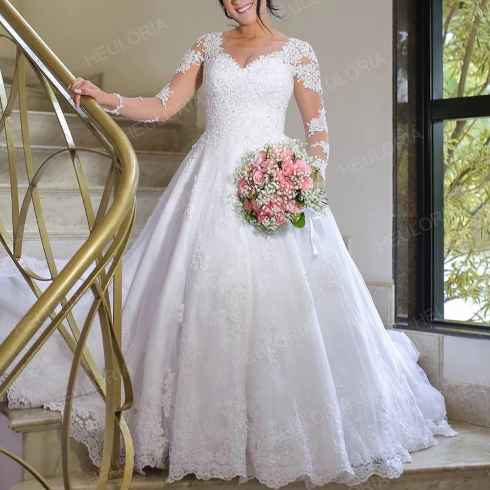 Vestido de baile de manga comprida para casamento, Applique Bridal Gown, Vestido de casamento da princesa, Plus Size