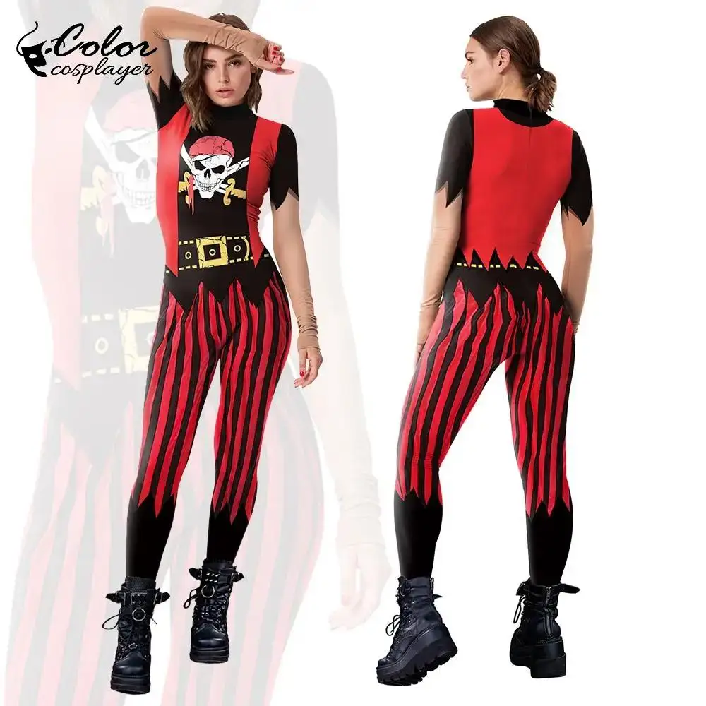 

Color Cosplayer Pirate Jumpsuit Halloween Couple Cosplay Costume Carnival Day of The Dead Catsuits Gothic Women Bodysuit