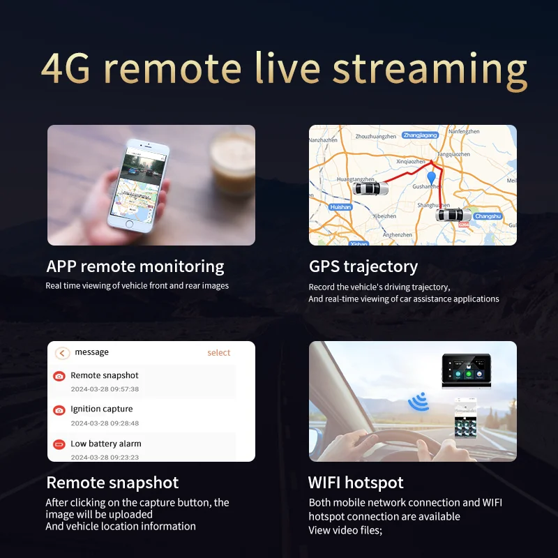 4G 3Inch 2K dashcam with dual lens record wifi gps tracking fit remote live video check on phone 12-24v power supply car camera