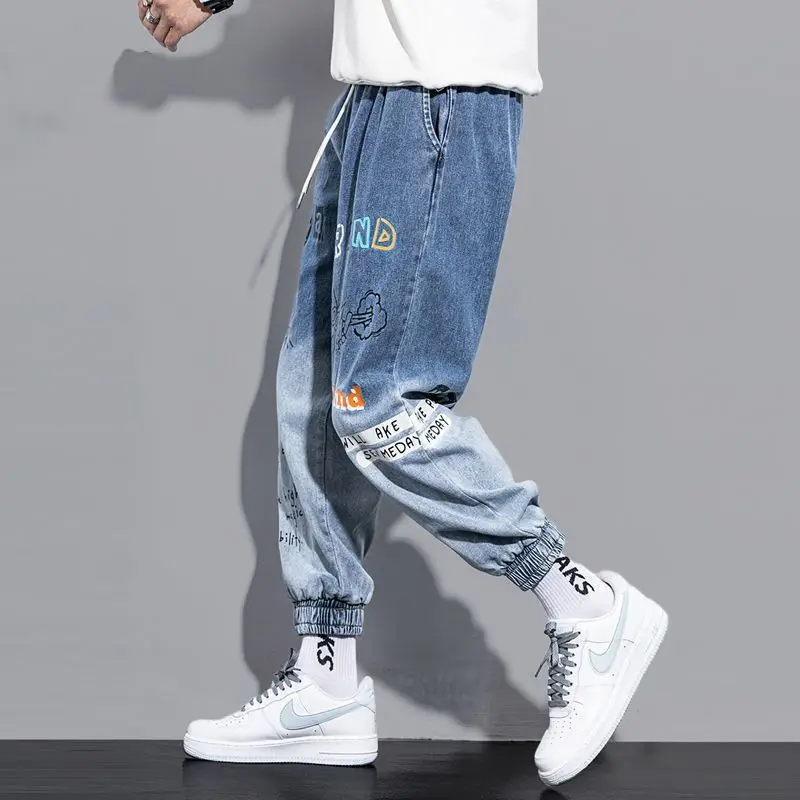Men's Cuffed Jeans 2024 Korean Streetwear, Graffiti Ombre Baggy Pants Hip Hop Style, Spring Fall Tapered Joggers for Students