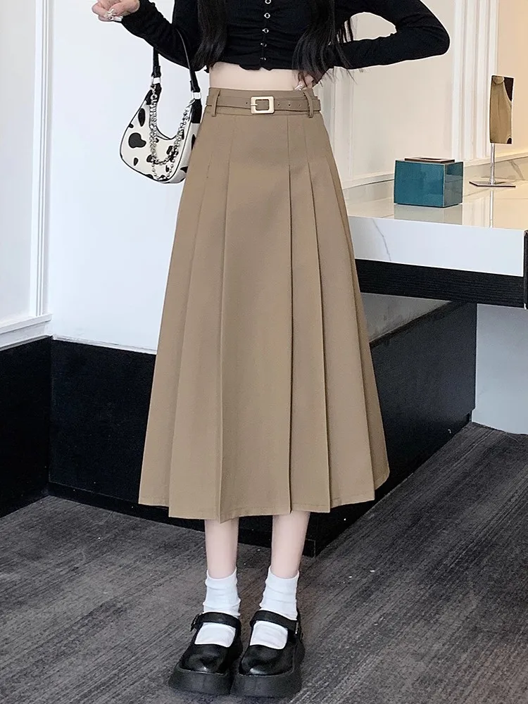 

High Waist Pleated Skirts Women New Arrival 2023 Autumn Korean Style Solid Color Basics Ladies Elegant A-line Long Skirt T115