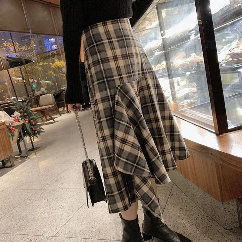 

ШИКАРНЫЕ корейские юбки трапециевидной формы в стиле ретро, свободные с высокой талией, нерегулярные цвета, в клетку, матовое длинное платье до половины тела, женская женская юбка в стиле Харадзюку