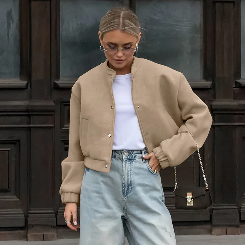 

Autumn Women's Woolen Coat Khaki Stand Collar Snap Button Elastic Cuffs Overcoat For Female Thickened Slouchy-Style Lady Jacket